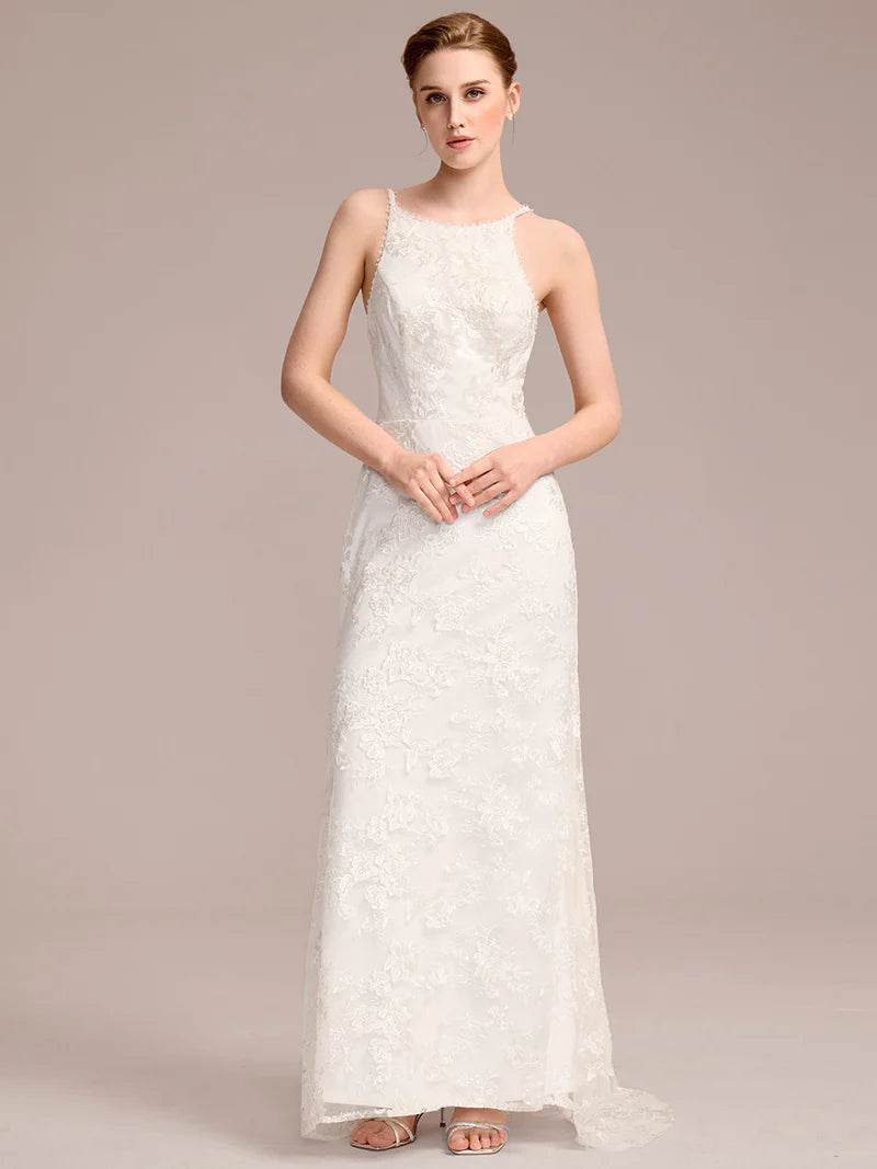 Spaghetti Strap Open-Back Lace Floor-Length Bridal Dress - Biamonde